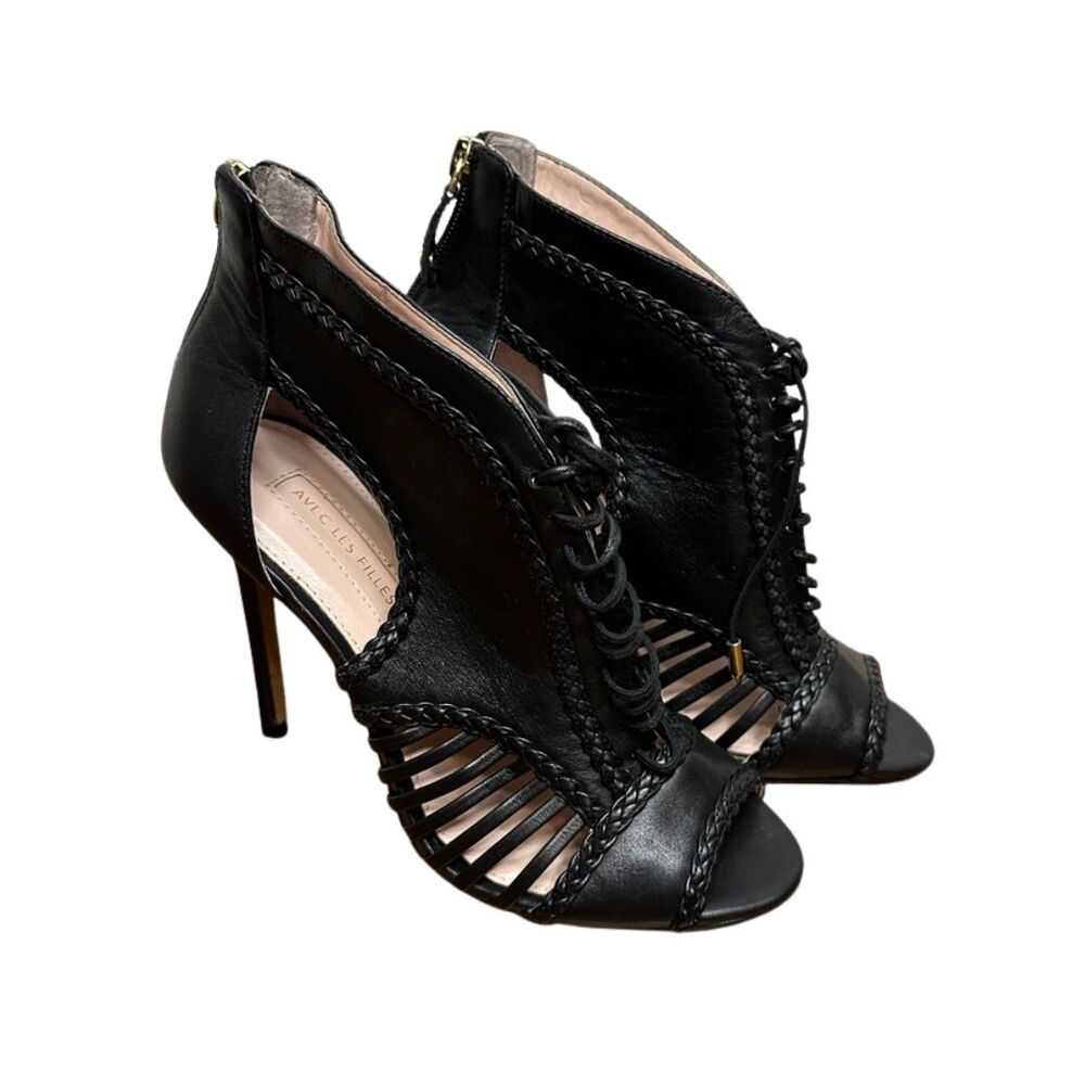 Avec Les Filles Joyce Black‎ Leather Lace Up Bootie Heel Size 7.5M
